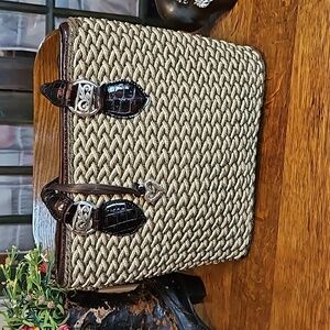 Brighton Woven TriColor Jute Straw Tote Bag Silver Hardware & Brown Leather Trim